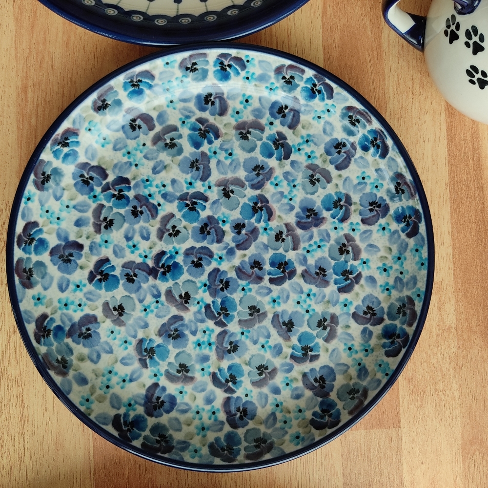 Boleslawec Polish pottery blue pansy plate dish